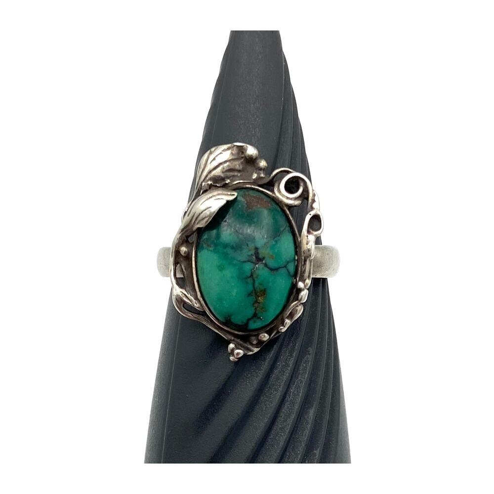 Vintage Southwestern Sterling Silver Green Turquoise Leaf Ring Size 6.75